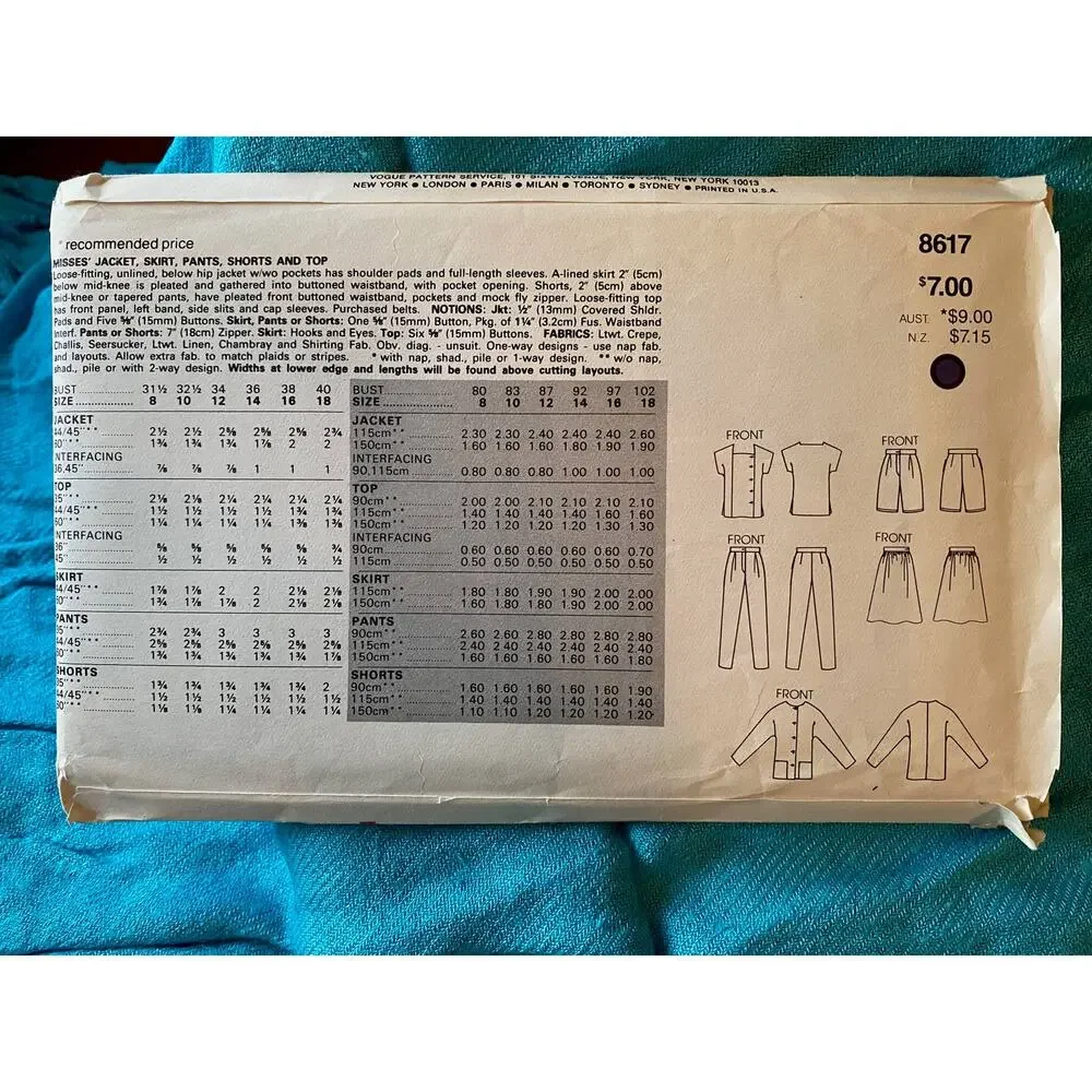 Vogue sewing pattern 8617 dress jacket skirt pants top